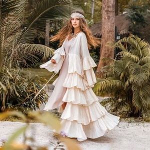 Handmade Ivory Bali Boho Hippie Maxi Tiered Ruffled Duster Kimono